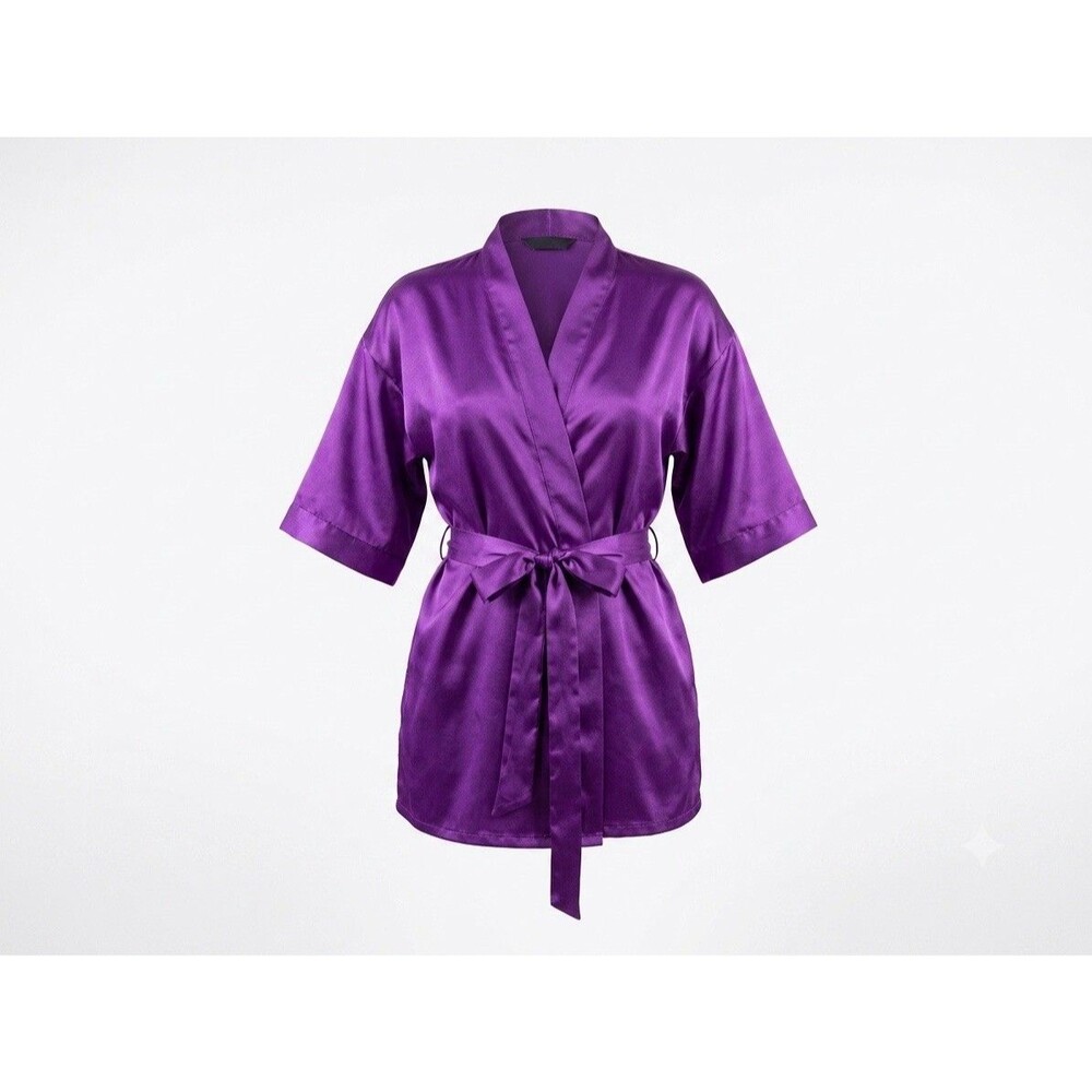 Dreamgirl Women's Satin Robe Small Purple Kimono Style Short Bathrobe Night glam